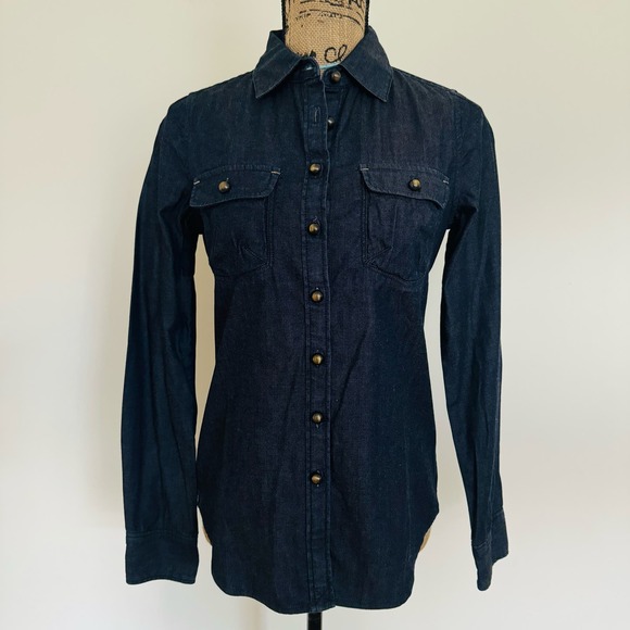 GAP Women Dark Wash Denim Western Fitted Cotton Button Up Shirt Gold Buttons YTK - Picture 2 of 9